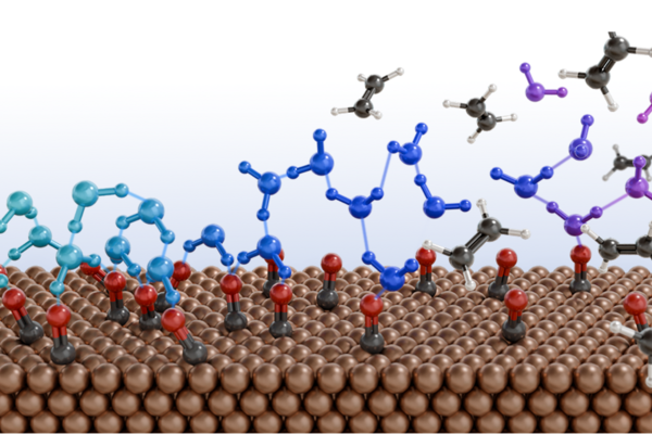 3D rendering of water molecules on a copper surface.