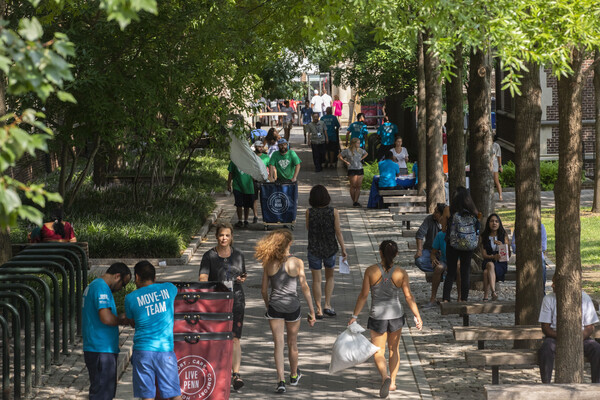 Students, families, and Move-In volunteers along Locust Walk during Move-In.