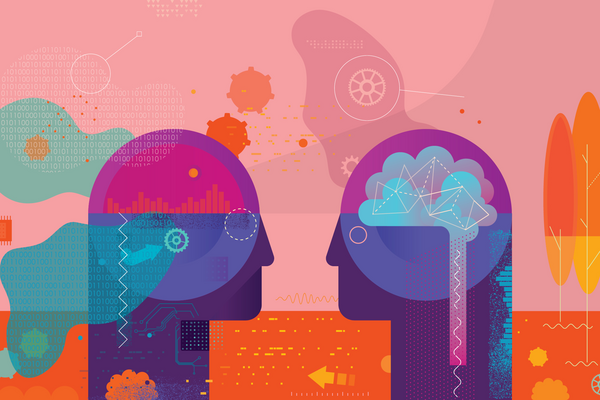 Graphic art of two stylized heads looking at each other.