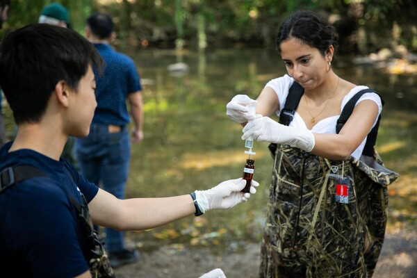 Two people in waders in Cobbs Creek getting water samples.