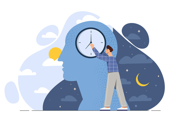 A person turning back a clock superimposed over a profile of a head and day and night icons.