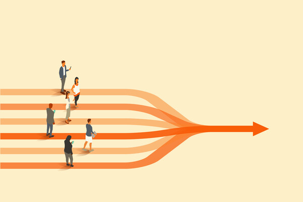 Six people stand on a set of parallel, converging arrows, illustrating the concept of collaboration or moving forward together. 