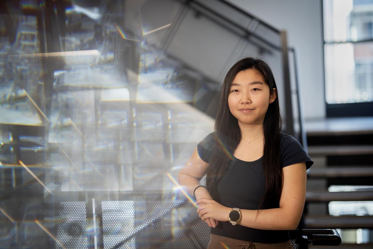 A portrait of Helen Jin at Amy Gutmann Hall.