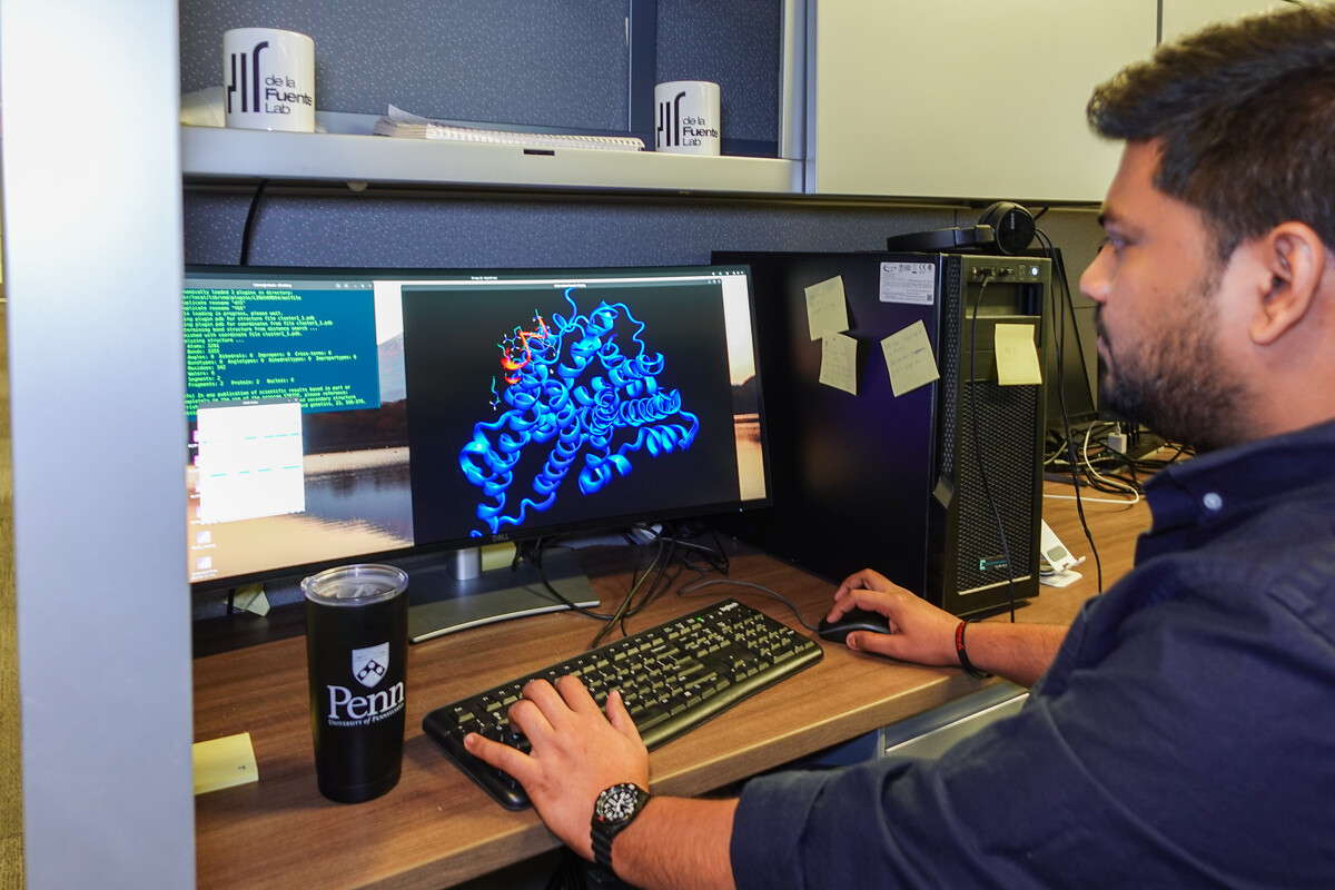 Rakesh Krishnan sits at a computer staring at a 3D rendering of a protein.