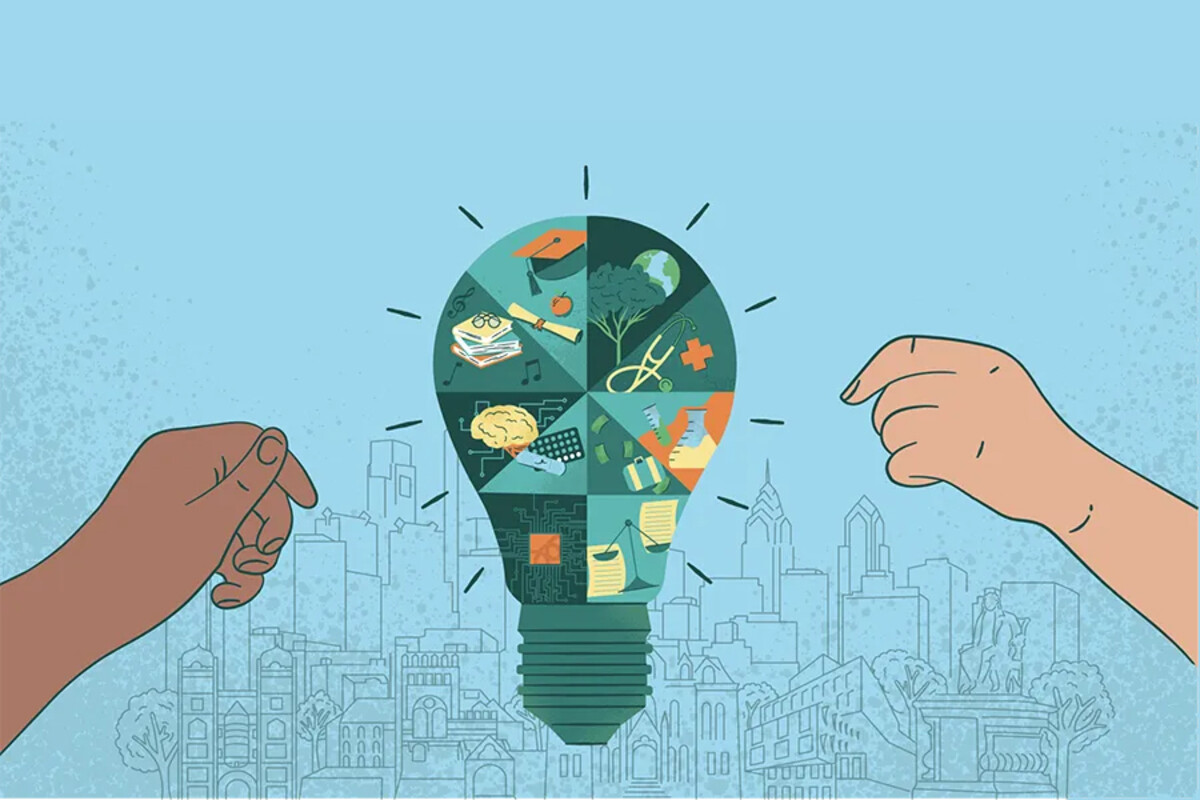 Idea illustration showing hands reaching towards a lightbulb of ideas overlayed on a cityscape.