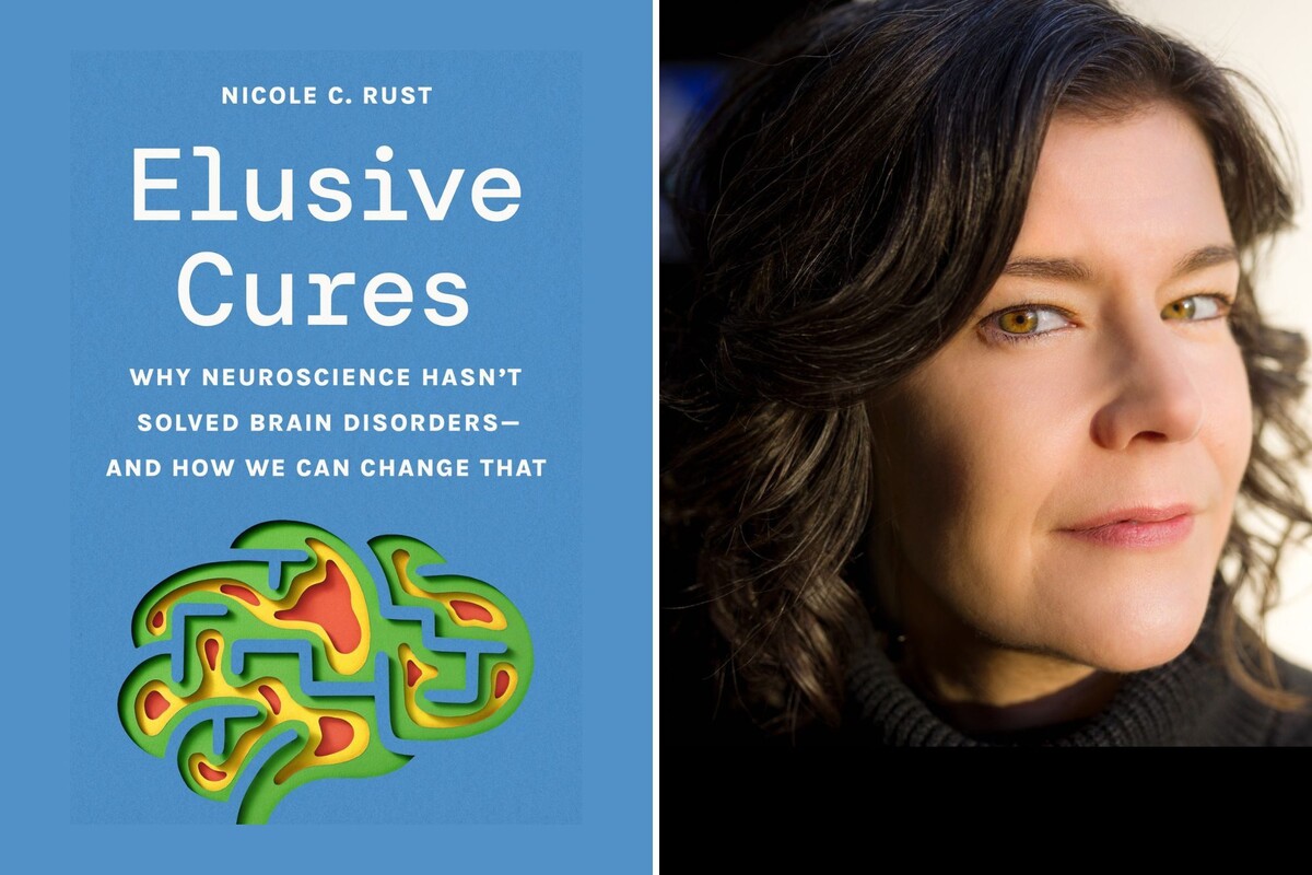 Cover of Elusive Cures book next to headshot of Nicole Rust.