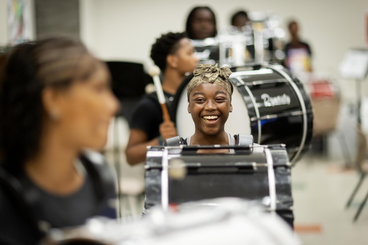 Grade school drummers in music class.