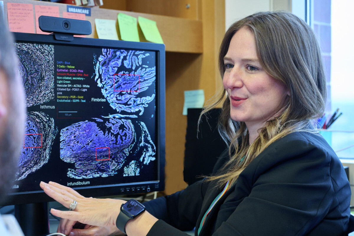 Kathleen O’Neil speaking with someone at her desk with a medical scan on her computer screen.