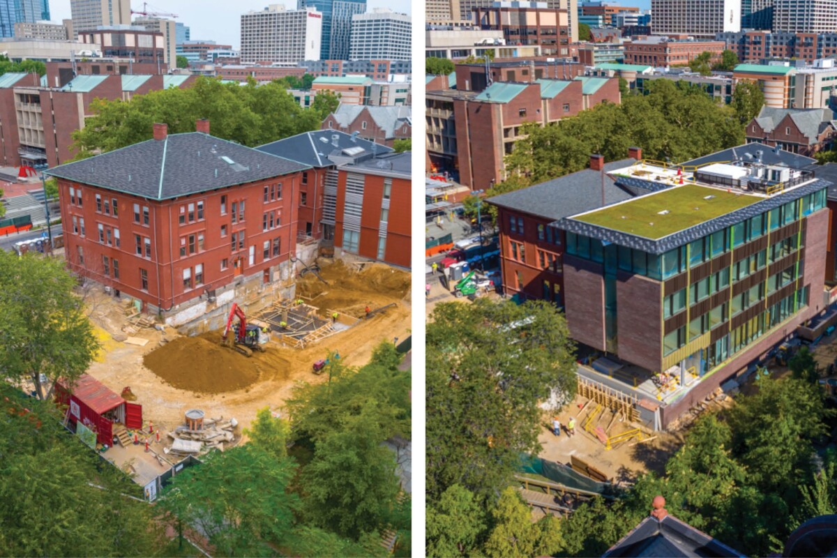 Before and after aerial views of Weitzman Hall under construction and completed.