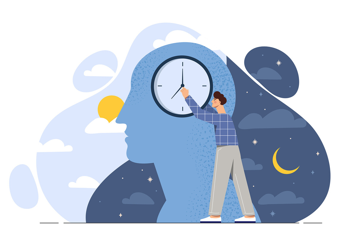 A person turning back a clock superimposed over a profile of a head and day and night icons.
